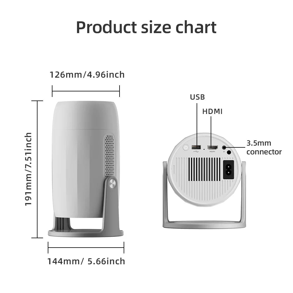 Ultra HD Portable Projector — 1080p Full HD, Android 12, 680 ANSI Lumens (White)