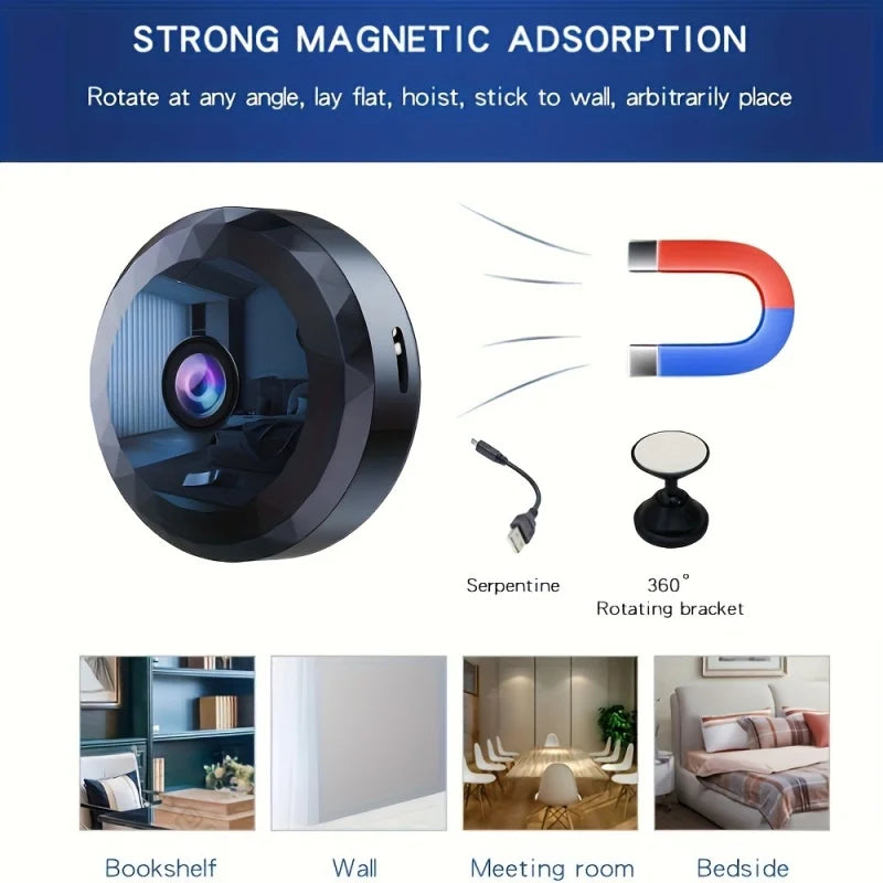 Mini 1080P WiFi Security Camera — Night Vision, Remote Monitoring & 360° Magnetic Mount (Black)